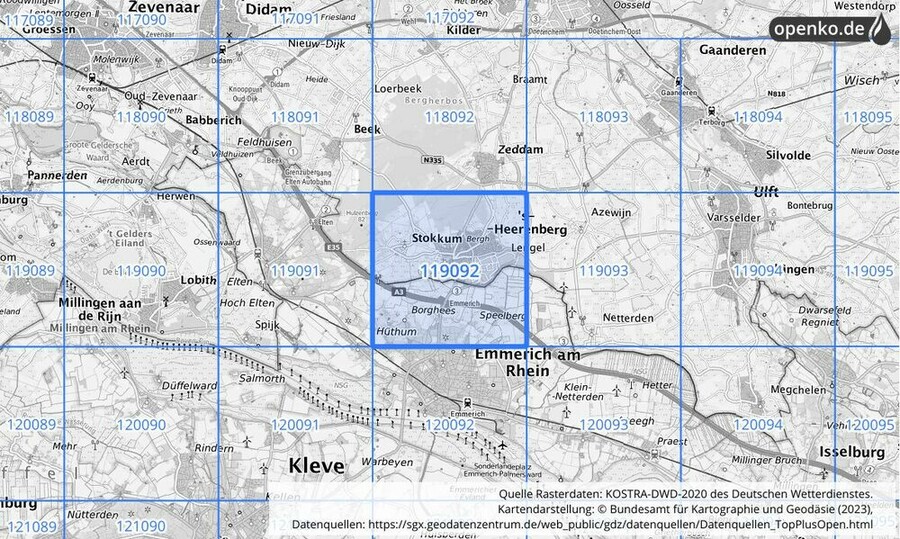 Übersichtskarte des KOSTRA-DWD-2020-Rasterfeldes Nr. 119092