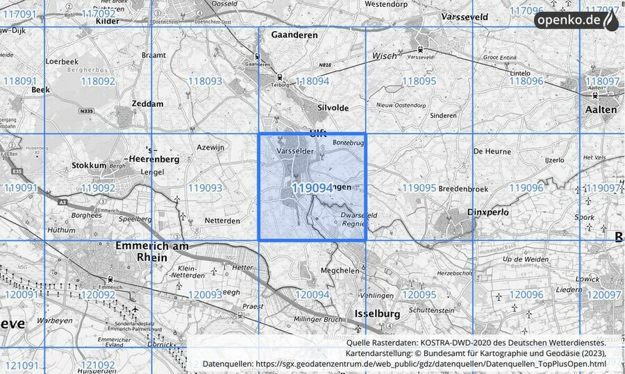 Übersichtskarte des KOSTRA-DWD-2020-Rasterfeldes Nr. 119094