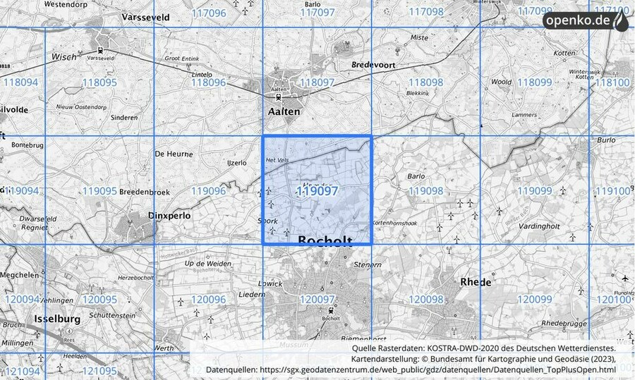 Übersichtskarte des KOSTRA-DWD-2020-Rasterfeldes Nr. 119097