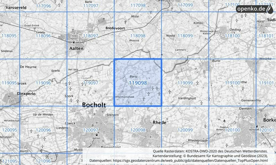 Übersichtskarte des KOSTRA-DWD-2020-Rasterfeldes Nr. 119098