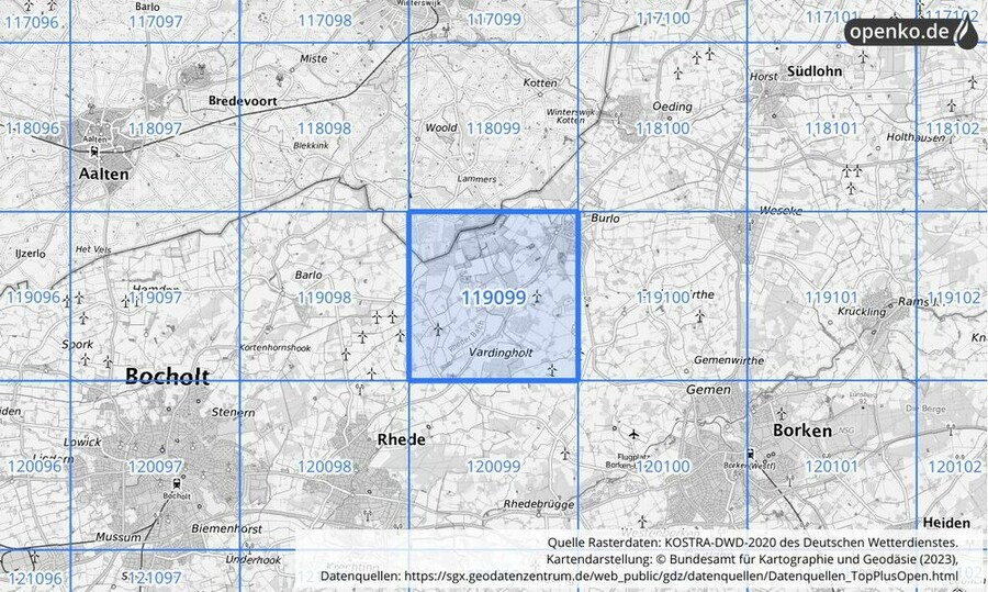 Übersichtskarte des KOSTRA-DWD-2020-Rasterfeldes Nr. 119099