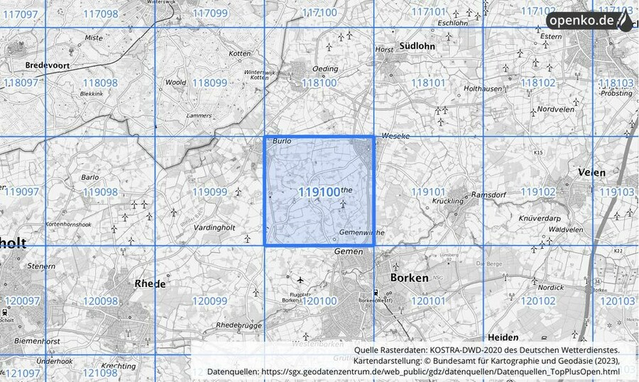 Übersichtskarte des KOSTRA-DWD-2020-Rasterfeldes Nr. 119100