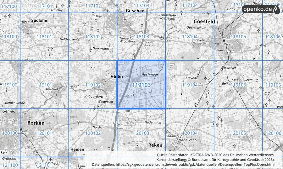 Übersichtskarte des KOSTRA-DWD-2020-Rasterfeldes Nr. 119103