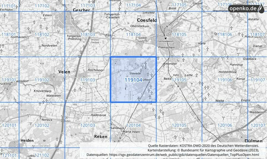 Übersichtskarte des KOSTRA-DWD-2020-Rasterfeldes Nr. 119104