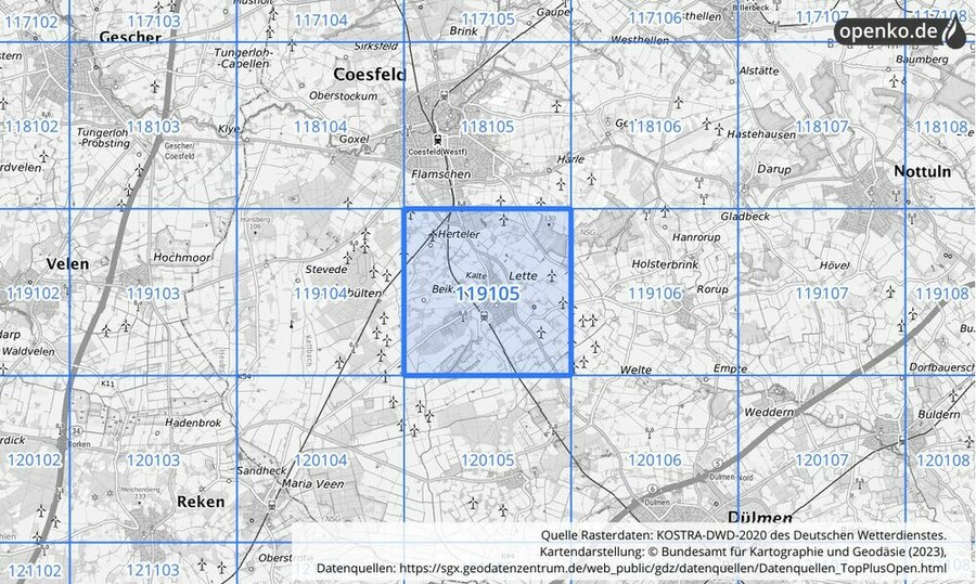 Übersichtskarte des KOSTRA-DWD-2020-Rasterfeldes Nr. 119105