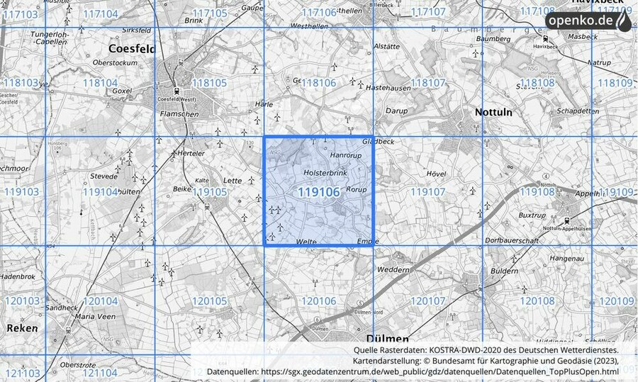 Übersichtskarte des KOSTRA-DWD-2020-Rasterfeldes Nr. 119106