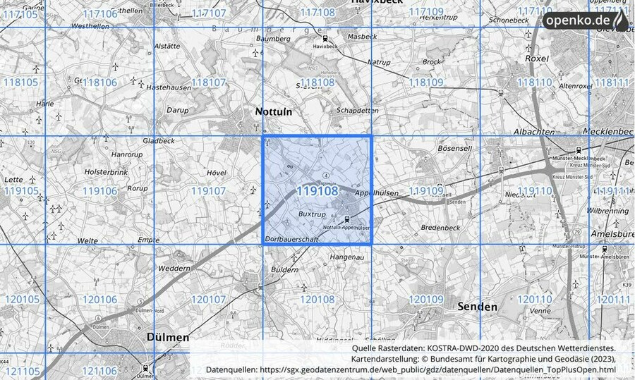 Übersichtskarte des KOSTRA-DWD-2020-Rasterfeldes Nr. 119108