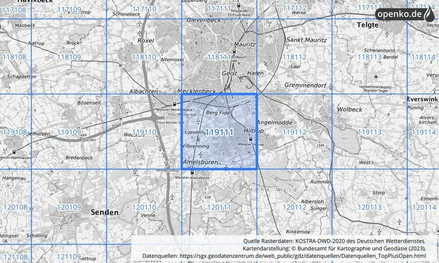 Übersichtskarte des KOSTRA-DWD-2020-Rasterfeldes Nr. 119111