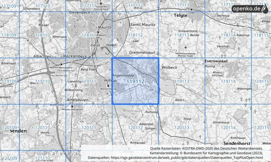 Übersichtskarte des KOSTRA-DWD-2020-Rasterfeldes Nr. 119112