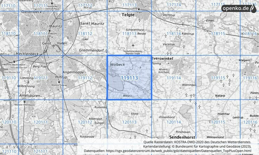 Übersichtskarte des KOSTRA-DWD-2020-Rasterfeldes Nr. 119113