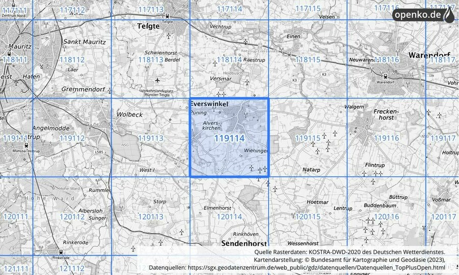 Übersichtskarte des KOSTRA-DWD-2020-Rasterfeldes Nr. 119114