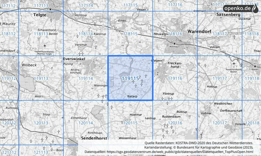 Übersichtskarte des KOSTRA-DWD-2020-Rasterfeldes Nr. 119115