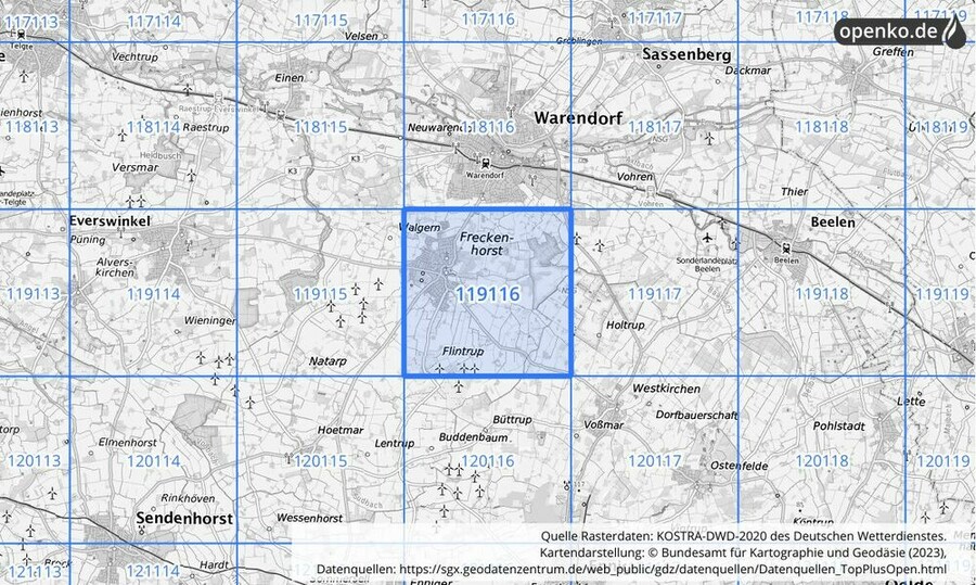 Übersichtskarte des KOSTRA-DWD-2020-Rasterfeldes Nr. 119116