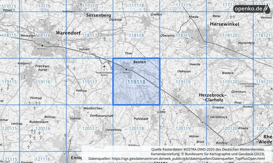 Übersichtskarte des KOSTRA-DWD-2020-Rasterfeldes Nr. 119118