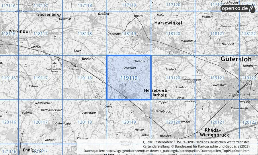 Übersichtskarte des KOSTRA-DWD-2020-Rasterfeldes Nr. 119119