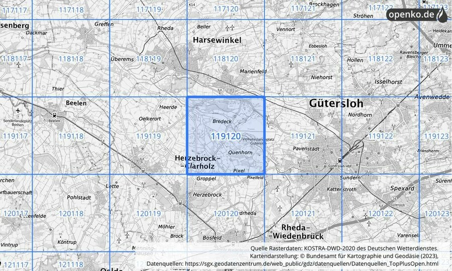 Übersichtskarte des KOSTRA-DWD-2020-Rasterfeldes Nr. 119120