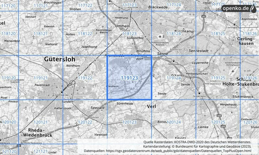 Übersichtskarte des KOSTRA-DWD-2020-Rasterfeldes Nr. 119123