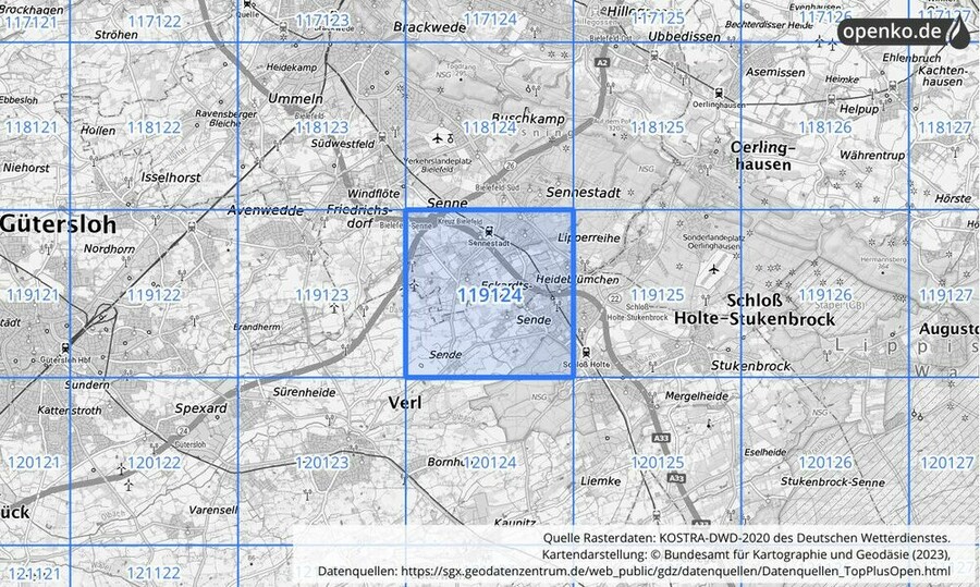 Übersichtskarte des KOSTRA-DWD-2020-Rasterfeldes Nr. 119124