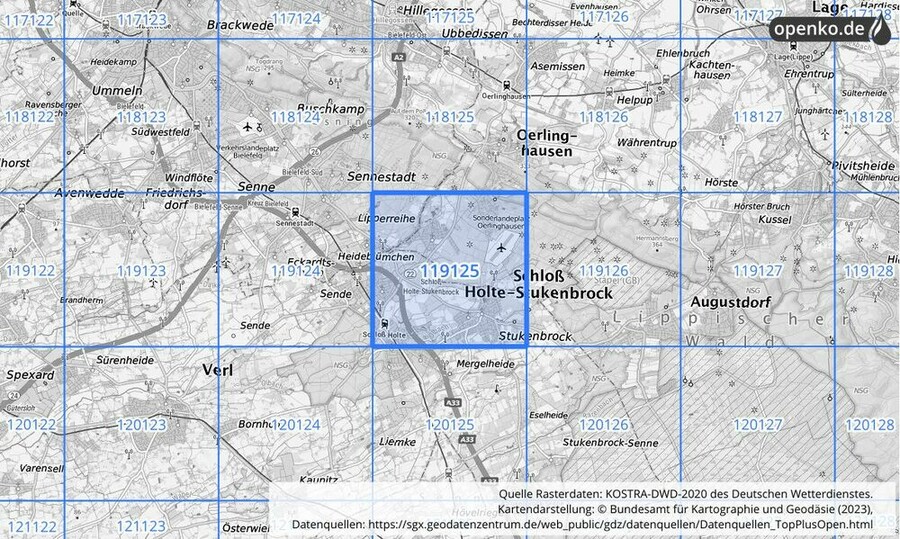 Übersichtskarte des KOSTRA-DWD-2020-Rasterfeldes Nr. 119125