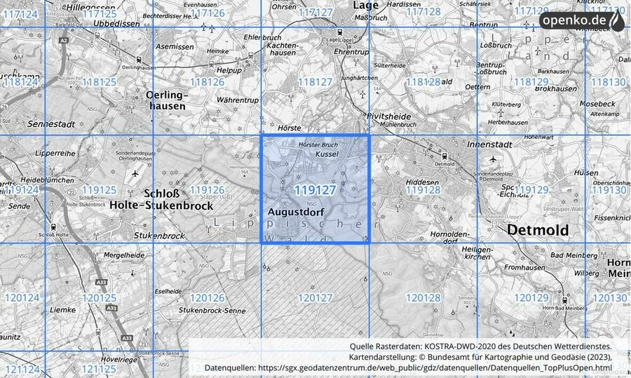 Übersichtskarte des KOSTRA-DWD-2020-Rasterfeldes Nr. 119127