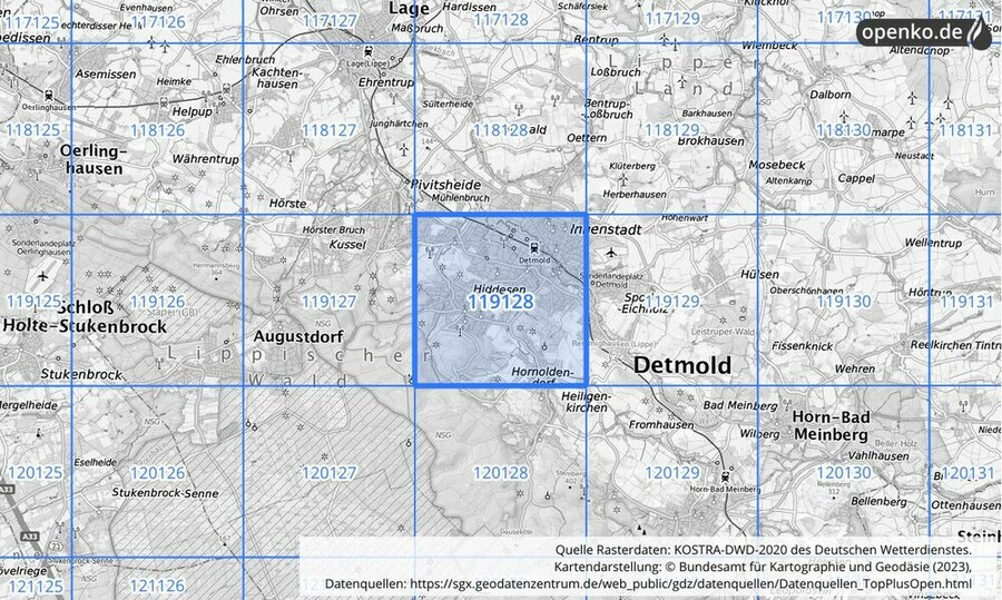 Übersichtskarte des KOSTRA-DWD-2020-Rasterfeldes Nr. 119128