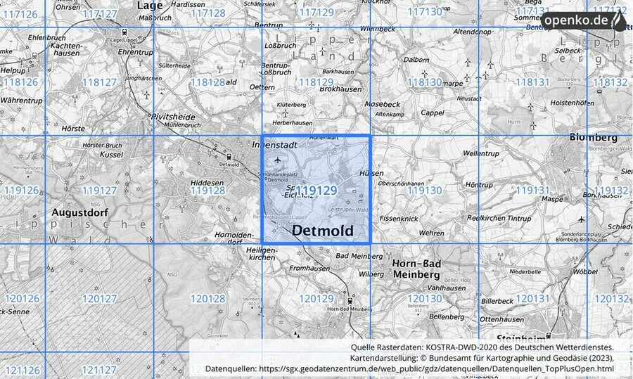 Übersichtskarte des KOSTRA-DWD-2020-Rasterfeldes Nr. 119129