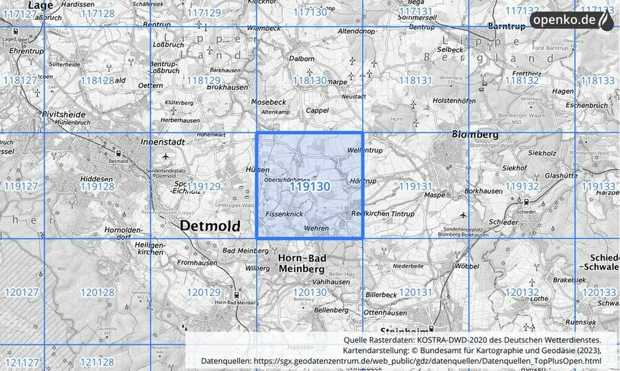 Übersichtskarte des KOSTRA-DWD-2020-Rasterfeldes Nr. 119130