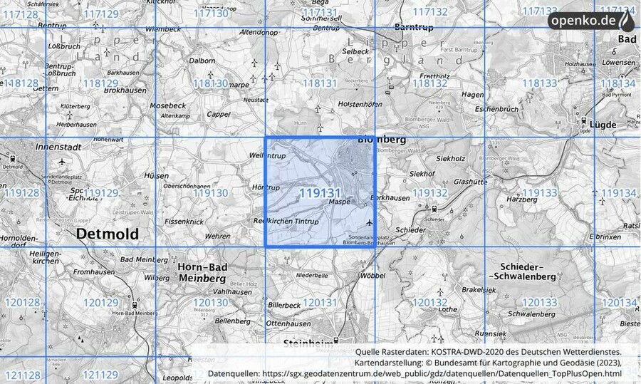 Übersichtskarte des KOSTRA-DWD-2020-Rasterfeldes Nr. 119131