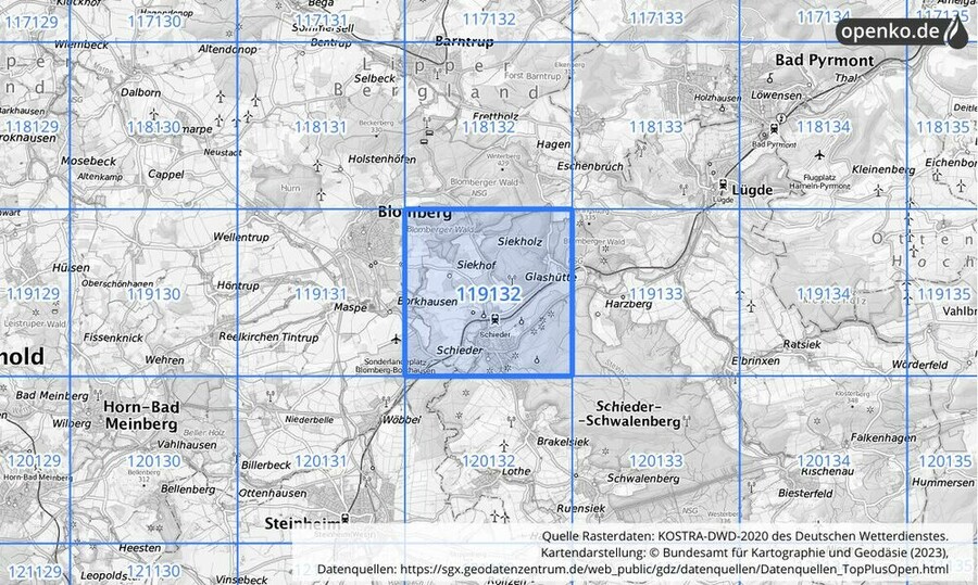 Übersichtskarte des KOSTRA-DWD-2020-Rasterfeldes Nr. 119132