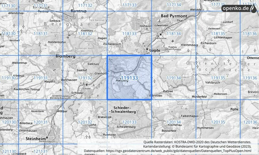 Übersichtskarte des KOSTRA-DWD-2020-Rasterfeldes Nr. 119133