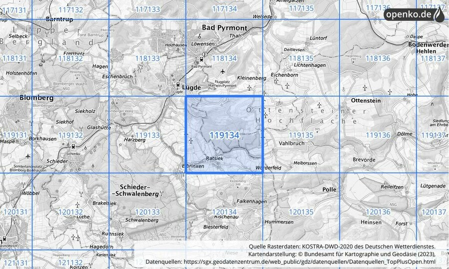 Übersichtskarte des KOSTRA-DWD-2020-Rasterfeldes Nr. 119134