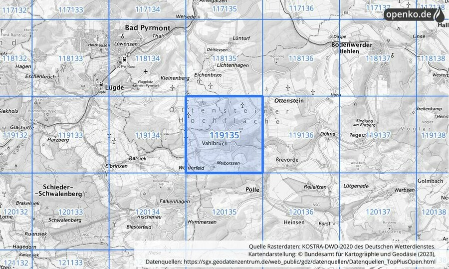 Übersichtskarte des KOSTRA-DWD-2020-Rasterfeldes Nr. 119135