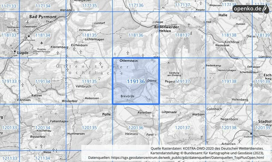 Übersichtskarte des KOSTRA-DWD-2020-Rasterfeldes Nr. 119136