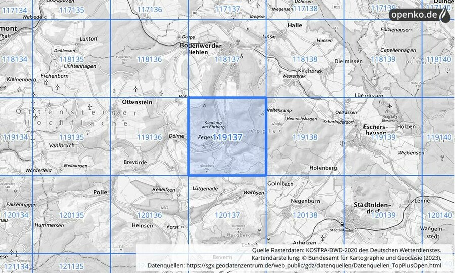 Übersichtskarte des KOSTRA-DWD-2020-Rasterfeldes Nr. 119137