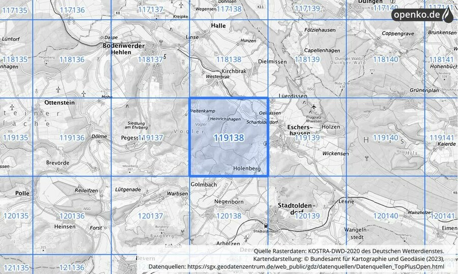 Übersichtskarte des KOSTRA-DWD-2020-Rasterfeldes Nr. 119138