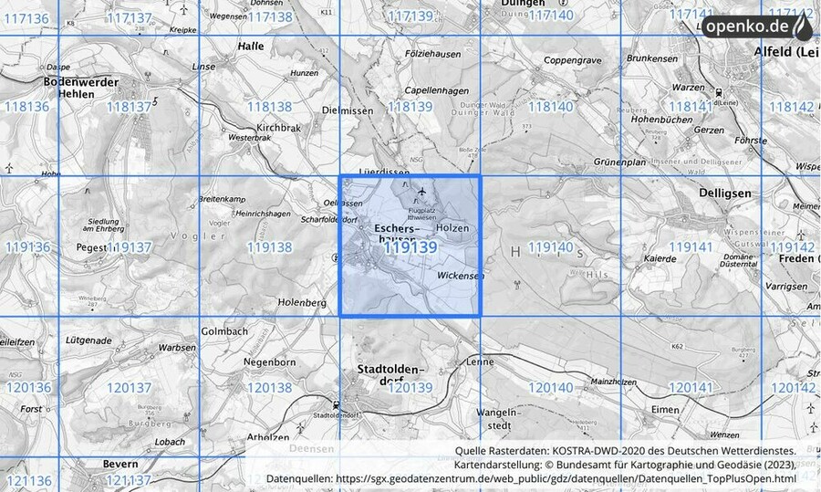 Übersichtskarte des KOSTRA-DWD-2020-Rasterfeldes Nr. 119139