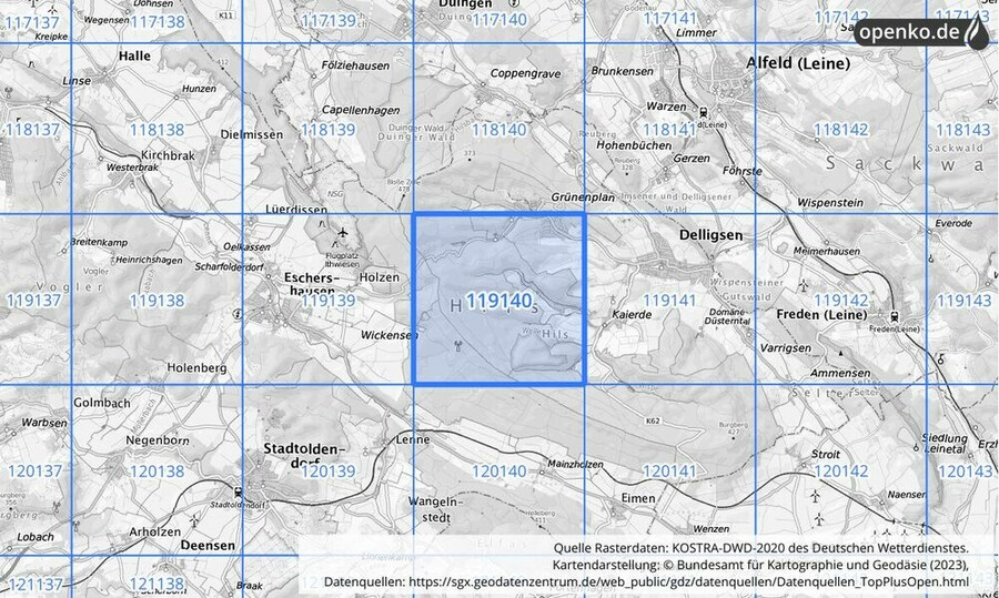 Übersichtskarte des KOSTRA-DWD-2020-Rasterfeldes Nr. 119140