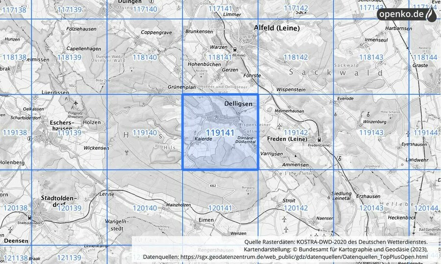 Übersichtskarte des KOSTRA-DWD-2020-Rasterfeldes Nr. 119141