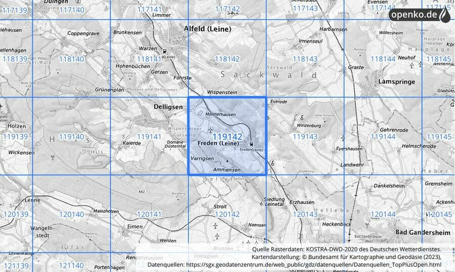 Übersichtskarte des KOSTRA-DWD-2020-Rasterfeldes Nr. 119142