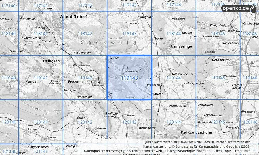 Übersichtskarte des KOSTRA-DWD-2020-Rasterfeldes Nr. 119143