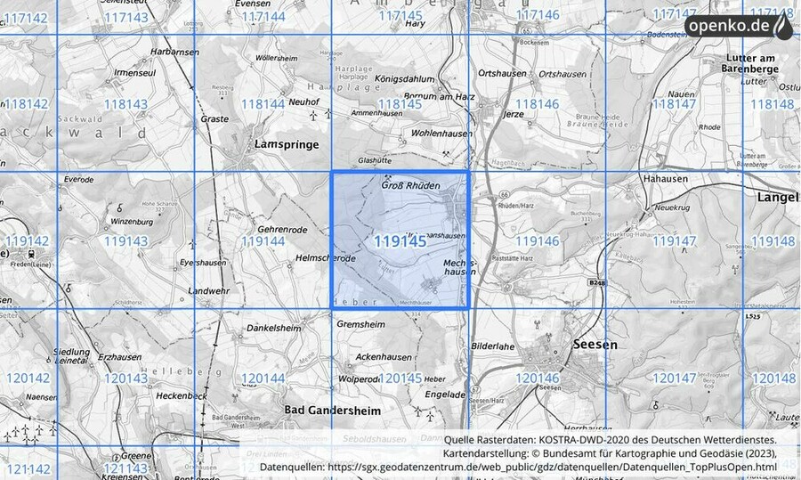 Übersichtskarte des KOSTRA-DWD-2020-Rasterfeldes Nr. 119145