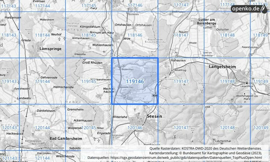 Übersichtskarte des KOSTRA-DWD-2020-Rasterfeldes Nr. 119146