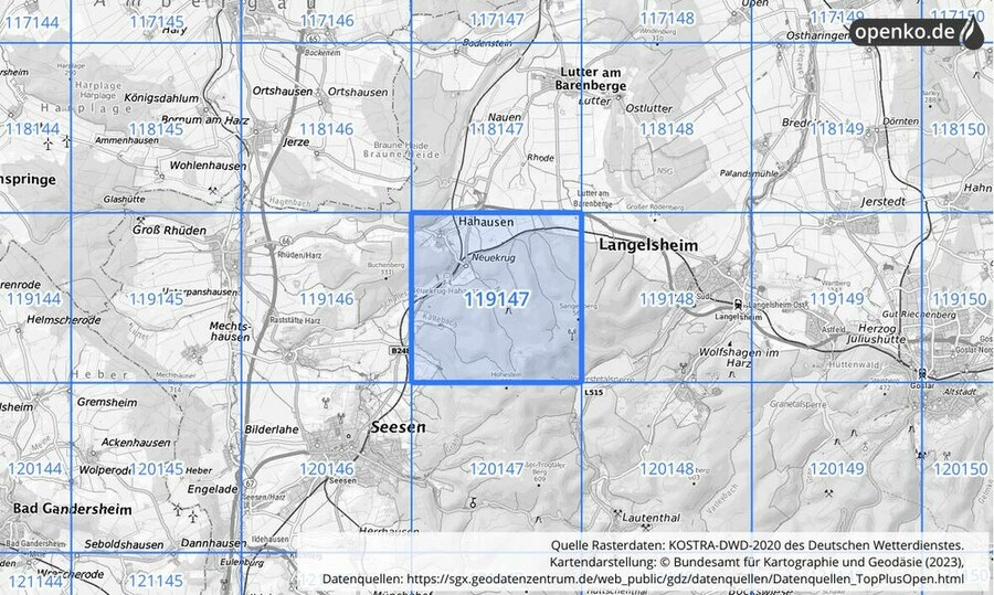 Übersichtskarte des KOSTRA-DWD-2020-Rasterfeldes Nr. 119147
