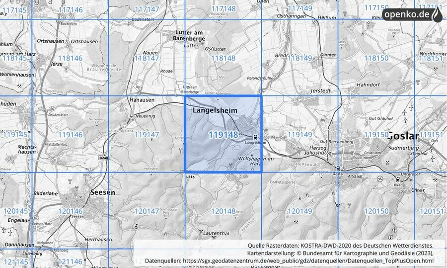 Übersichtskarte des KOSTRA-DWD-2020-Rasterfeldes Nr. 119148