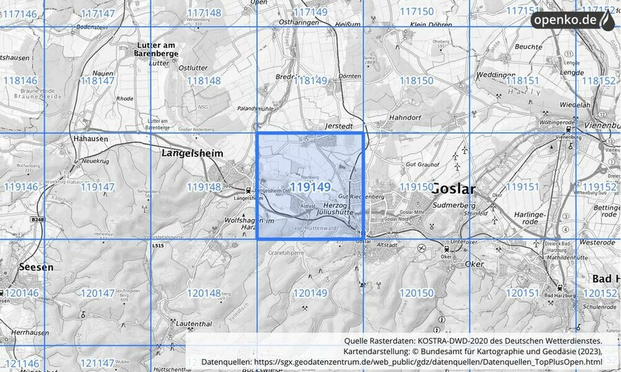 Übersichtskarte des KOSTRA-DWD-2020-Rasterfeldes Nr. 119149