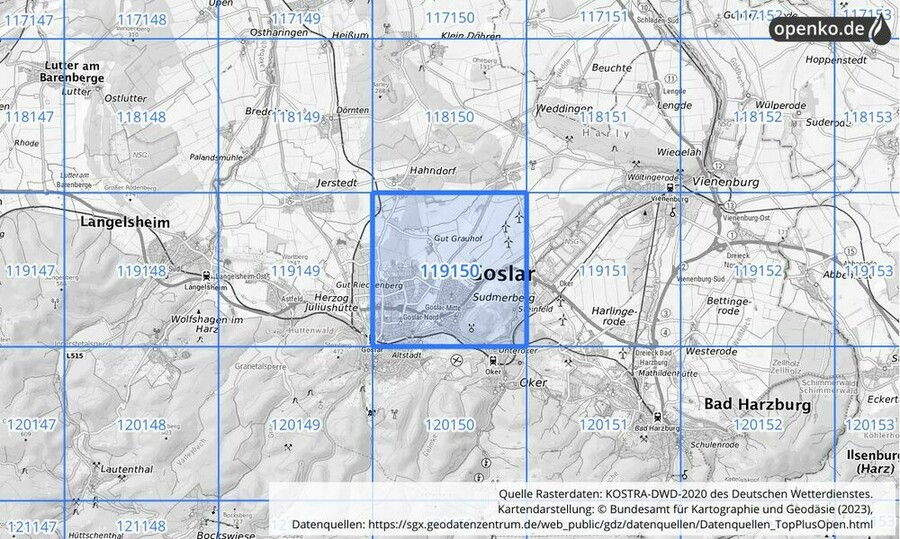 Übersichtskarte des KOSTRA-DWD-2020-Rasterfeldes Nr. 119150