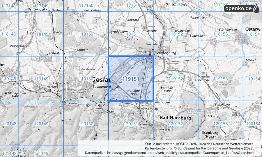 Übersichtskarte des KOSTRA-DWD-2020-Rasterfeldes Nr. 119151