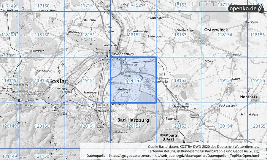 Übersichtskarte des KOSTRA-DWD-2020-Rasterfeldes Nr. 119152