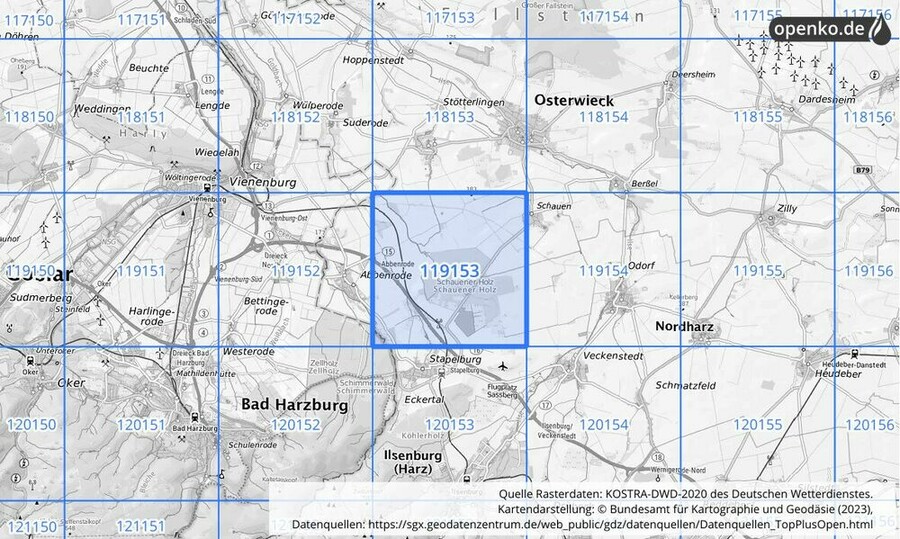 Übersichtskarte des KOSTRA-DWD-2020-Rasterfeldes Nr. 119153