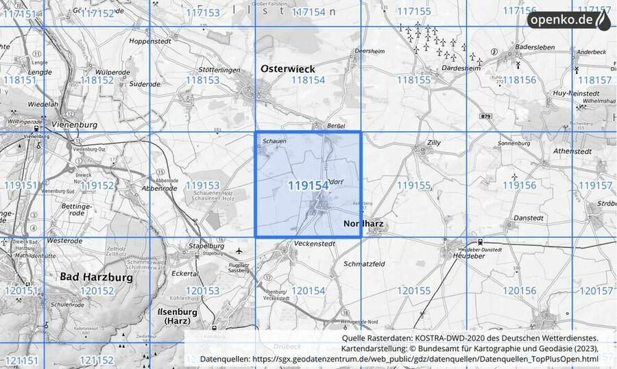 Übersichtskarte des KOSTRA-DWD-2020-Rasterfeldes Nr. 119154